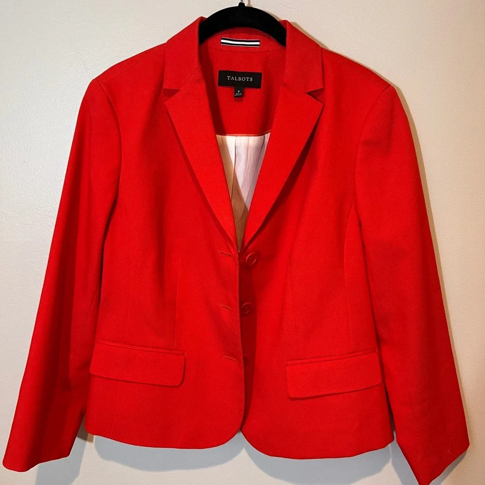 Talbots Classic Cotton Stretch Lined 3-Button Blazer in Tomato Notch Lapel‎ Sz 8